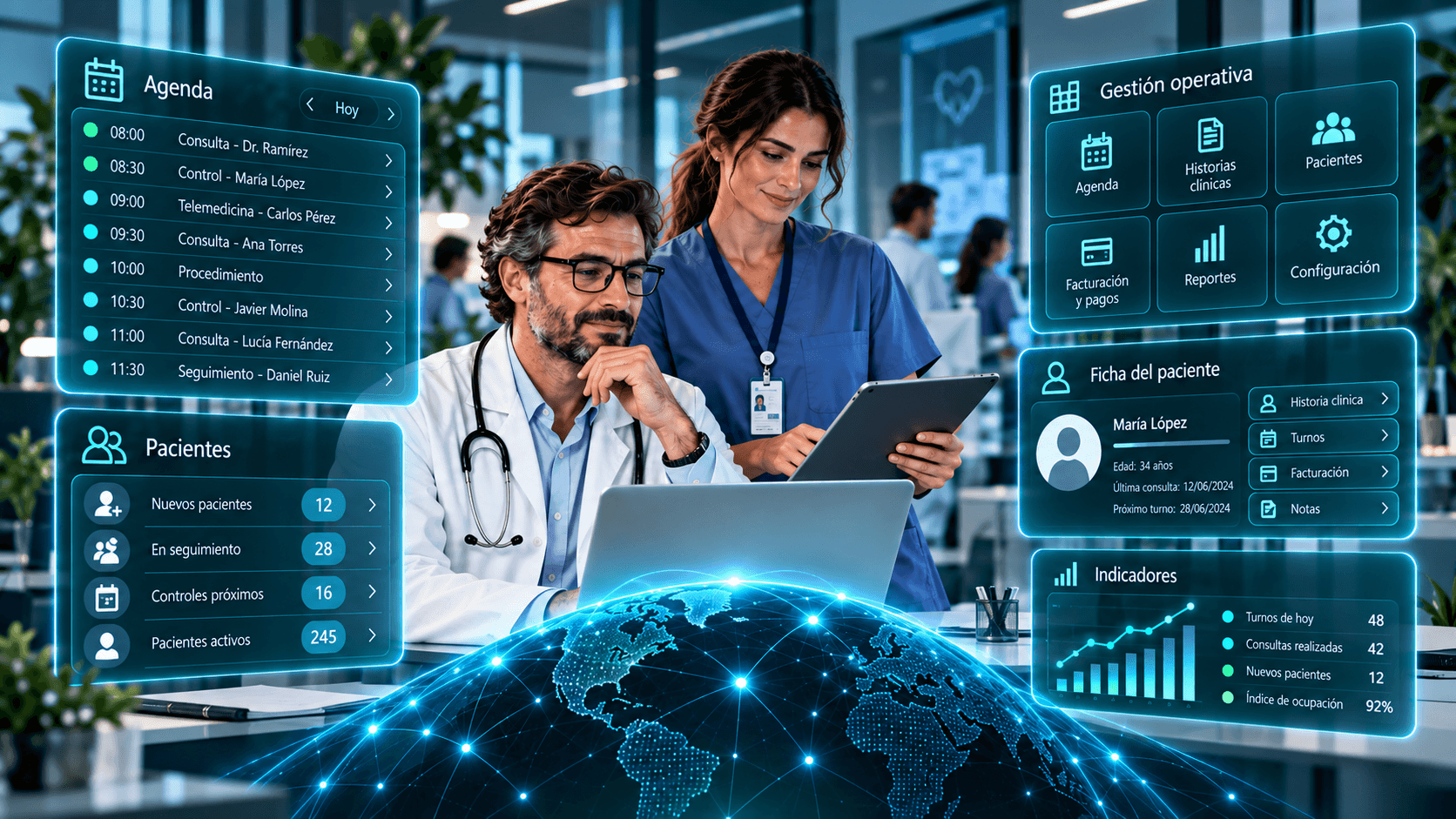 Profesionales de la salud gestionando agenda, pacientes, facturación e indicadores en un sistema digital
