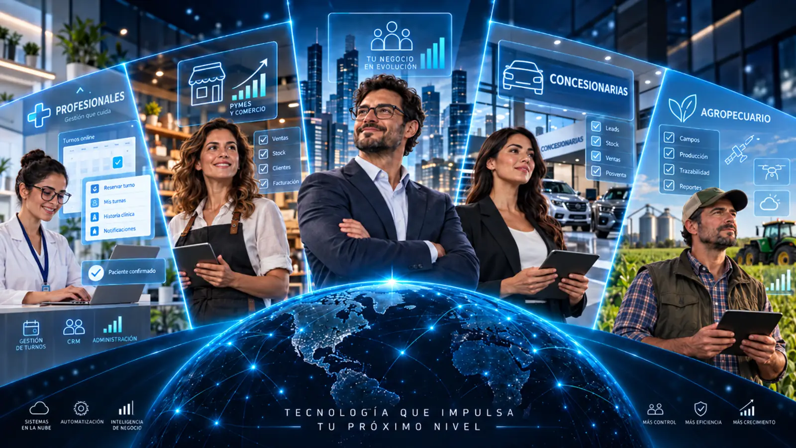Personas y sectores de negocio conectados por soluciones digitales GLM con una capa visual de IA y automatización